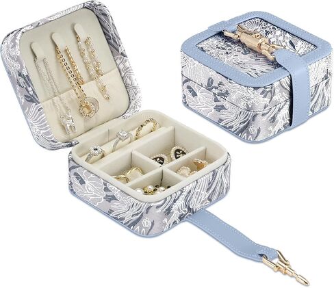 Travel Jewelry Box, Small Portable Jacquard Fabric Organizer Storage Case with Metal Lock Buckle, Travel Essentials Gift for Girls, Women (Grayish Blue) in Saudi Arabia