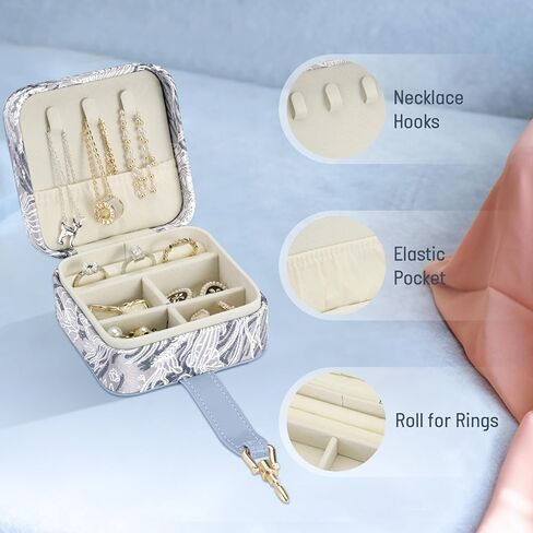 Travel Jewelry Box, Small Portable Jacquard Fabric Organizer Storage Case with Metal Lock Buckle, Travel Essentials Gift for Girls, Women (Grayish Blue) in Saudi Arabia