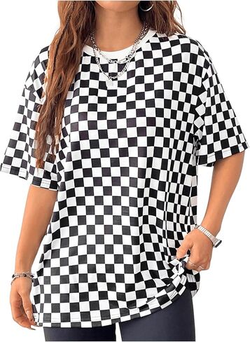 SOLY HUX Women's Plus Size Checkered Printed T-Shirts Short Sleeve Crewneck Loose Tee Tops in Saudi Arabia