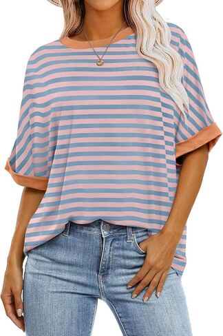 ANRABESS Womens Oversized T Shirts Striped Basic Tees Short Sleeve Crewneck Casual Loose Tops Shirts 2025 Summer Outfits in Saudi Arabia