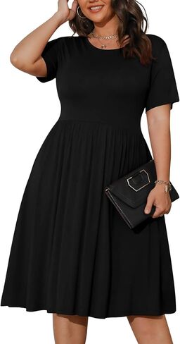 POSESHE Womens Plus Size Summer Dress 2024 Casual Short Sleeve Empire Waist Loose Fit Swing T-Shirt Dress with Pockets in Kuwait