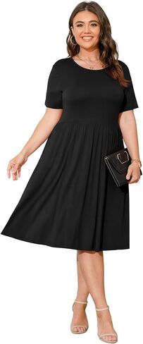 POSESHE Womens Plus Size Summer Dress 2024 Casual Short Sleeve Empire Waist Loose Fit Swing T-Shirt Dress with Pockets in Kuwait