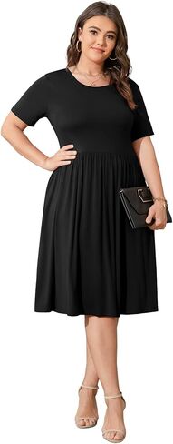 POSESHE Womens Plus Size Summer Dress 2024 Casual Short Sleeve Empire Waist Loose Fit Swing T-Shirt Dress with Pockets in Kuwait