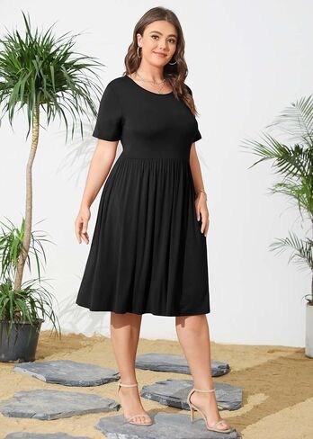 POSESHE Womens Plus Size Summer Dress 2024 Casual Short Sleeve Empire Waist Loose Fit Swing T-Shirt Dress with Pockets in Kuwait