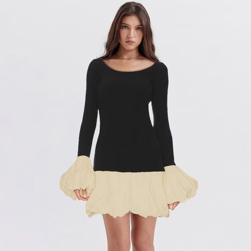 Women's 2024 Fall Dress Sexy Crew Neck Puffy Long Sleeve Bubble Party Club Bodycon Mini Dresses in Kuwait