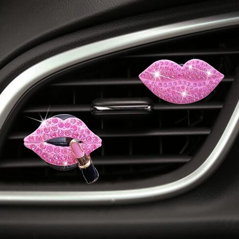 2 Pieces Bling Sexy Lip Air Vent Clips Rhinestone Lipstick Car Air Freshener Clip Crystal Car Air Outlet Decorations Charm Car Inter Decor Accessories for Girls Women in Kuwait
