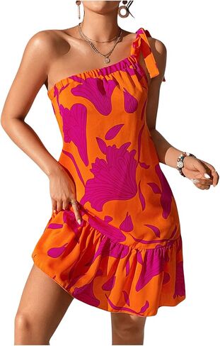 OYOANGLE Women's Boho Floral Print Knot One Shoulder Ruffle Hem Dress A Line Summer Short Dresses in Saudi Arabia