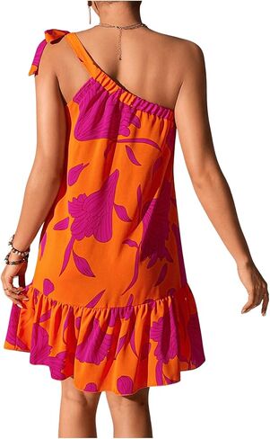 OYOANGLE Women's Boho Floral Print Knot One Shoulder Ruffle Hem Dress A Line Summer Short Dresses in Saudi Arabia