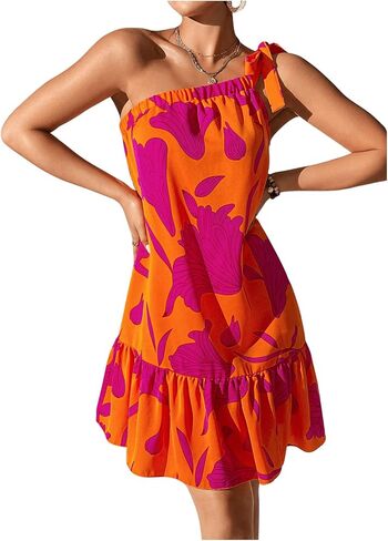 OYOANGLE Women's Boho Floral Print Knot One Shoulder Ruffle Hem Dress A Line Summer Short Dresses in Saudi Arabia