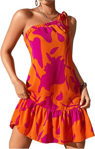 OYOANGLE Women's Boho Floral Print Knot One Shoulder Ruffle Hem Dress A Line Summer Short Dresses in Saudi Arabia