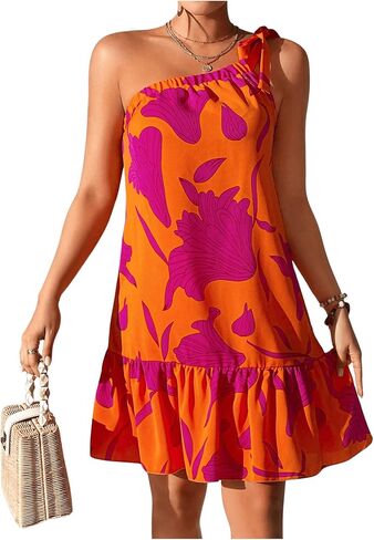 OYOANGLE Women's Boho Floral Print Knot One Shoulder Ruffle Hem Dress A Line Summer Short Dresses in Saudi Arabia
