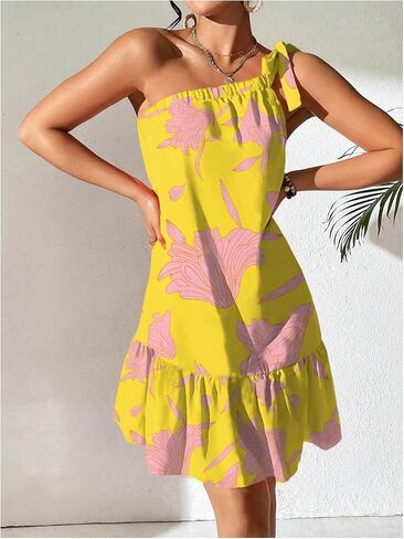 OYOANGLE Women's Boho Floral Print Knot One Shoulder Ruffle Hem Dress A Line Summer Short Dresses in Saudi Arabia