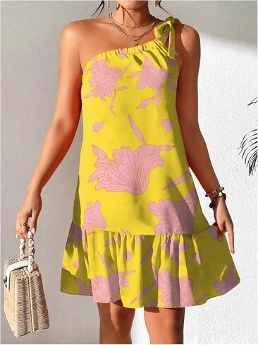 OYOANGLE Women's Boho Floral Print Knot One Shoulder Ruffle Hem Dress A Line Summer Short Dresses in Saudi Arabia