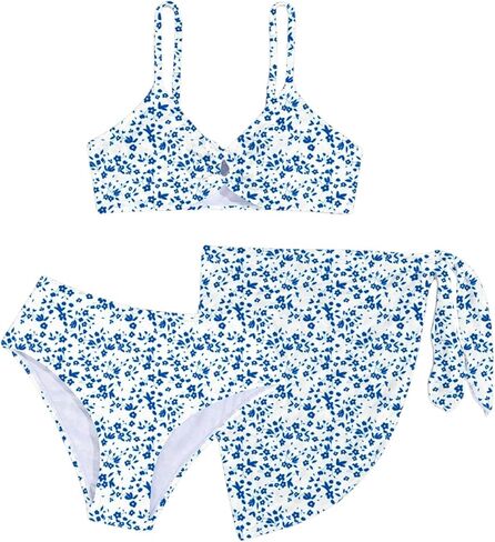 OYOANGLE Girl's 3 Piece Bikini Set Floral Print Drawstring Front Swimsuit with Cover Up Skirt in Saudi Arabia