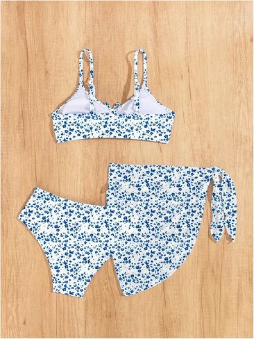 OYOANGLE Girl's 3 Piece Bikini Set Floral Print Drawstring Front Swimsuit with Cover Up Skirt in Saudi Arabia