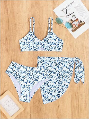 OYOANGLE Girl's 3 Piece Bikini Set Floral Print Drawstring Front Swimsuit with Cover Up Skirt in Saudi Arabia
