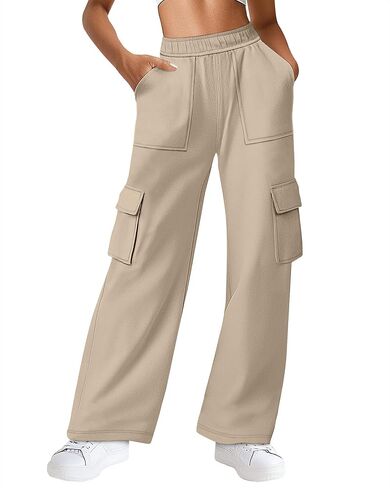بنطلون رياضي كارجو نسائي بجيوب، عالي الخصر وواسع الساق للمشي لمسافات طويلة، كاجوال فضفاض، رياضي للركض، شتاء خريف in Kuwait