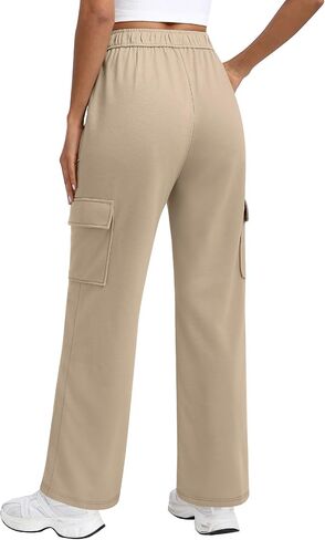 بنطلون رياضي كارجو نسائي بجيوب، عالي الخصر وواسع الساق للمشي لمسافات طويلة، كاجوال فضفاض، رياضي للركض، شتاء خريف in Kuwait