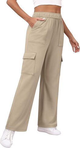 بنطلون رياضي كارجو نسائي بجيوب، عالي الخصر وواسع الساق للمشي لمسافات طويلة، كاجوال فضفاض، رياضي للركض، شتاء خريف in Kuwait