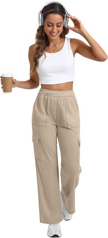 بنطلون رياضي كارجو نسائي بجيوب، عالي الخصر وواسع الساق للمشي لمسافات طويلة، كاجوال فضفاض، رياضي للركض، شتاء خريف in Kuwait