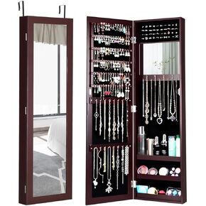 LDAILY Jewelry Armoire, Over the Door/Wall Mounted, Jewelry Organizer with Full Length Mirror & Inside Makeup Mirror, Large Capacity Storage Jewelry Cabinet for Women Girls (Brown)