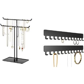 Necklace Holder Hanging Jewelry Organizer - Stand and Hook Bundle - Black