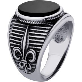 555Jewelry Men's Ring Stainless Steel Black Onyx Ring Fleur De Lis Ring Round Chunky Signet Rings for Men