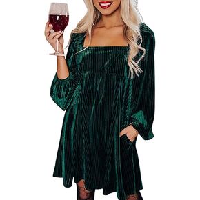 Chvity Velvet Dress for Women Square Neck Tie Back Dresses Long Sleeve Solid Mini Dress