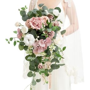 Ling's Moment Terracotta Bridal Bouquet Cascading, Orange Wedding Bouquets for Bride, 13 Inch Bride Bouquets for Wedding Artificial Flowers Bouquets