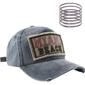 Vintage Miami Beach Embroidered Trucker Hat with Key Ring Strap, Distressed Washed Ripped Adjustable Baseball Cap