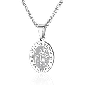Men Religious Jewelry Stainless Steel/Black Metal/18K Gold Plated 22 Inch Box Rope Chain Nail Cross Pendant/Virgin Mary Medal/St. Benedict/St. Christopher Necklaces for Christmas Birthday