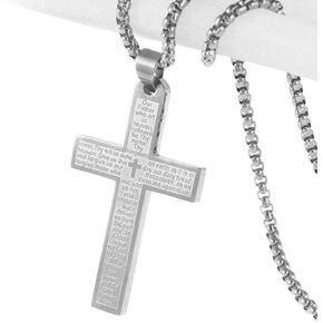 Stainless Steel Cross Necklace, Lord's Prayer Cross Pendant Necklace with 24" Hip Hop Chain, Stainless Steel Jewelry for Men Women, Religious Gift