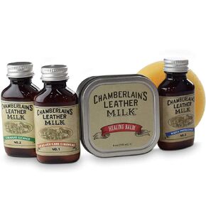 Chamberlain's Leather Milk Sample Bundle - No. 1, No. 2, No. 3 and Healing Balm. Natural and Effective Quality Leather Cleaner, Conditioner, Protectants, Applicator Pad