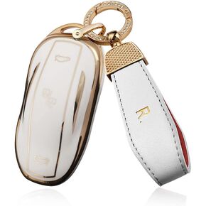 SANRILY Fit for Tesla Fit for Model X Key Fob Cover بدون مفتاح حماية كاملة ناعمة من البولي يوريثان الحراري ذو الحافة الذهبية مع سلسلة مفاتيح جلدية بيج