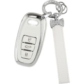 1797 for Audi Key Fob Cover Q5 A4 A5 A6 A7 A8 S4 S5 S6 S7 R8 RS5 RS7 Accessories Bling Car Key Chain Case Shell Girly Cute 3 Button White Silver TPU