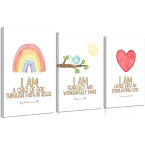 3Pcs Nursery Bible Verse Canvas Wall Art Colorful Rainbow Motivational Affirmation Wall Decor Pictures Christian Kids Scripture Introduction Posters Prints for Kids Room Nursery Home Decoration