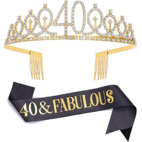 Black Gold "40 & Fabulous"Sash & Rhinestone Tiara Set, 40th Birthday Gifts for Women, Birthday Sash/Tiara for Women's 40th Birthday Party Decoration (Black 40th)