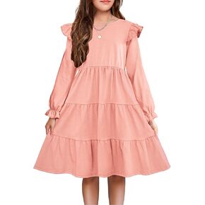 Arshiner Girls Dress Fall Ruffle Sleeve Tiered Flared Flowy Midi Dresses with Pockets
