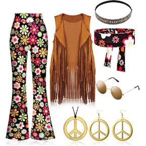 8 Pcs 60s 70s Outfits for Women Disco Hippie Costume Set Fringe Vest Boho Flared Pants Peace Sign Earring Headband