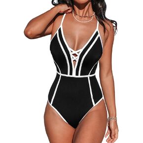 CUPSHE Women's One Piece Swimsuit Plunging V Neck Bathing Suit Crisscross Back Tie Slimming Sculpting Color Block