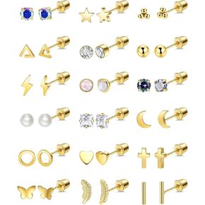 18Pairs 20G Surgical Steel Screw Back Earrings for Women Hypoallergenic Pearl Star Heart Butterfly Tiny Screwback Stud Earring Set
