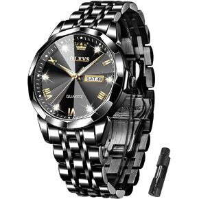 OLEVS Mens Watch Stainless Steel Analog Quartz Watches for Men Day Date Easy Read Diamond Waterproof Dress Luxury Classic Casual Big Face Blue/Black/Gold/Silver Roman Arabic Numerals Men's Wrist Watch