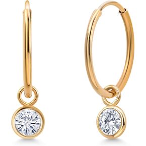 Gem Stone King 14K Yellow Gold White Moissanite Dangle Drop Endless Hoop Huggie Small Earrings For Women (0.46 Cttw, 20MM Length, Gemstone, Round 4MM)