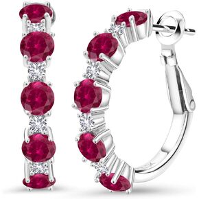 Gem Stone King 925 Sterling Silver Red Created Ruby and White Created Sapphire Hoop Earrings For Women (2.82 Cttw, Round 4MM and 1.9MM, Gemstone Birthstone 1 Inch Diameter)
