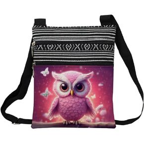 Pink Owl Messenger Bag Small Ethnic Pattern Printed Adjustable Strap Crossbody Zipper Bag Pink Owl Phone Bag Wallet Cute Shoulder Handbag for Women