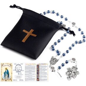 HanlinCC Catholic Rosary Necklace with Miraculous Medal and Pardon Crucifix with PU Leather Rosary Pouch and Pray Card for Men and Women