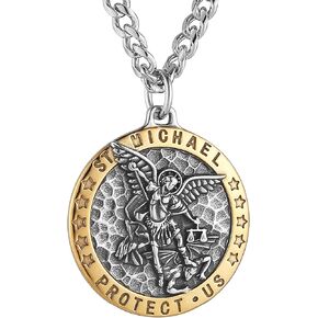 HZMAN Saint Michael Necklace for Men Stainless Steel Retro Archangel Round Medal Pendant Necklace Jewelry Gift