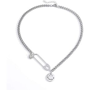 Smile Face Necklace For Women Men Silver Safety Pin Stainless Steel Paperclip Cuban Chain Chunky Hip Hop Kpop Fashion Preppy Smile Face Pendant Necklace Jewelry (Silver)
