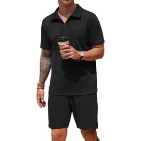 Men's Knit Polo Shirt and Shorts Set 2 Pieces Zipper Outfits Summer Casual Tracksuit
