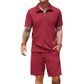 طقم قميص بولو وسروال قصير للرجال مكون من قطعتين ملابس رياضية صيفية غير رسمية بسحاب in Kuwait